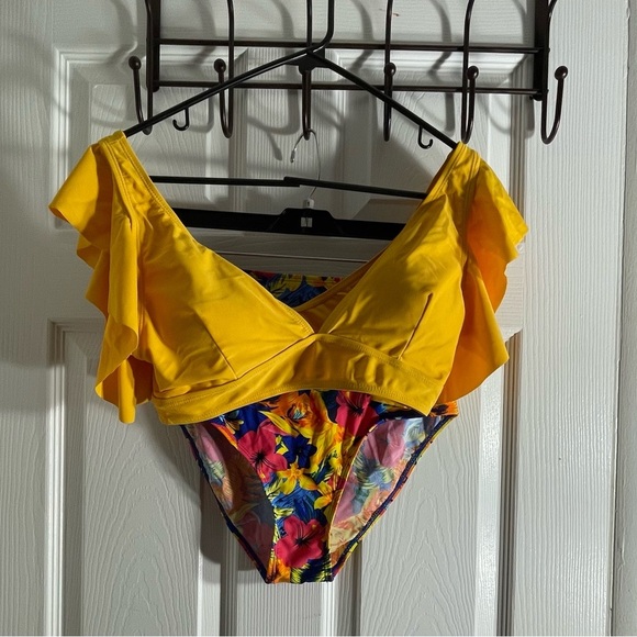 Floral Yellow high wasted two piece swimsuit. - Picture 1 of 4
